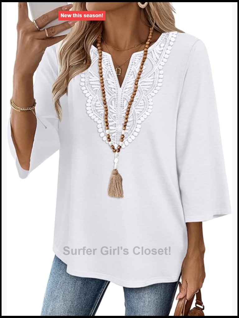 Boho V Neck Lace 3/4 Sleeve Tunic Blouse Women Dressy Casual Tops